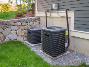 Air conditioning HVAC condensers outside of a house in Dunnellon, Florida